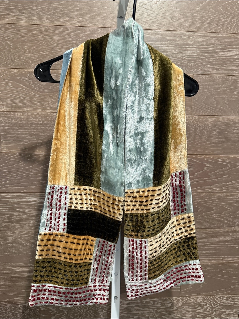 Velvet Patchwork Scarf in Sage, Olive & Gold